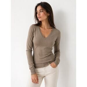 Poivre Blanc Taupe V Neck Sweater Ribbed Knit Stretch Minimalist Size XS Neutral